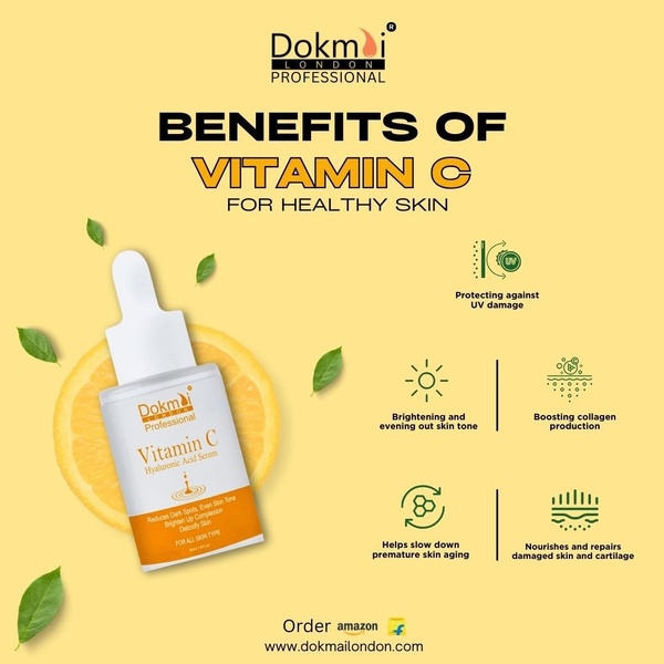A clean, instructional ad showing a Vitamin C serum bottle surrounded by oranges with clearly listed skin benefits.